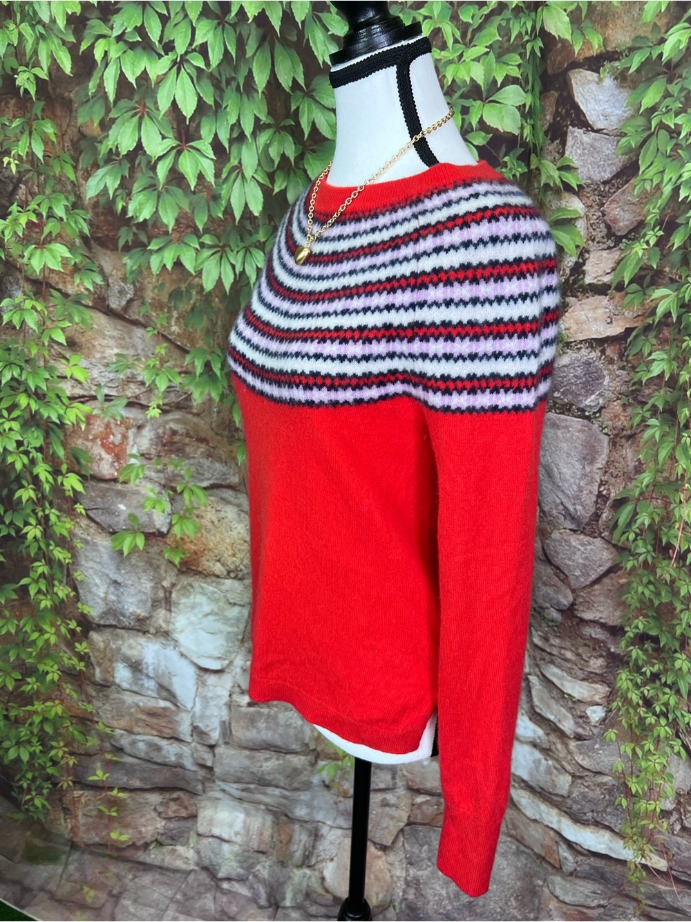 J. CREW Red Classic Prep Fair Isle Nordic Pure Cashmere Pullover Sweater, S - Picture 5 of 10